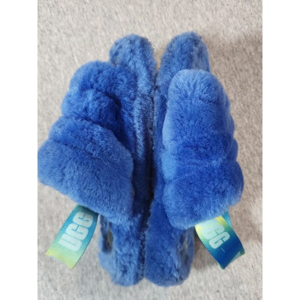 UGG Fluff Yeah Slides Kids Size 2 Blue Elastic Slingback Sheepskin Sandals